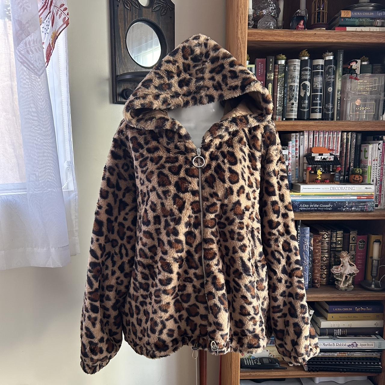 Soft and warm faux fur leopard print zip up hoodie... - Depop