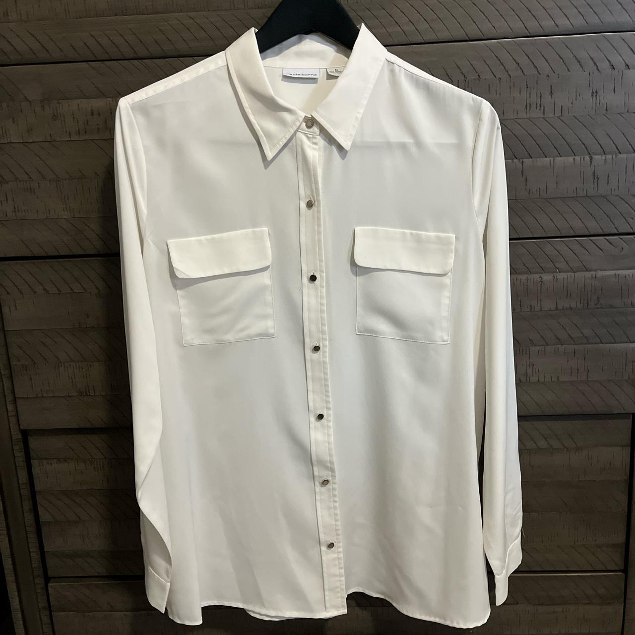 Liz Claiborne Beige Satin Button Up Blouse Front - Depop