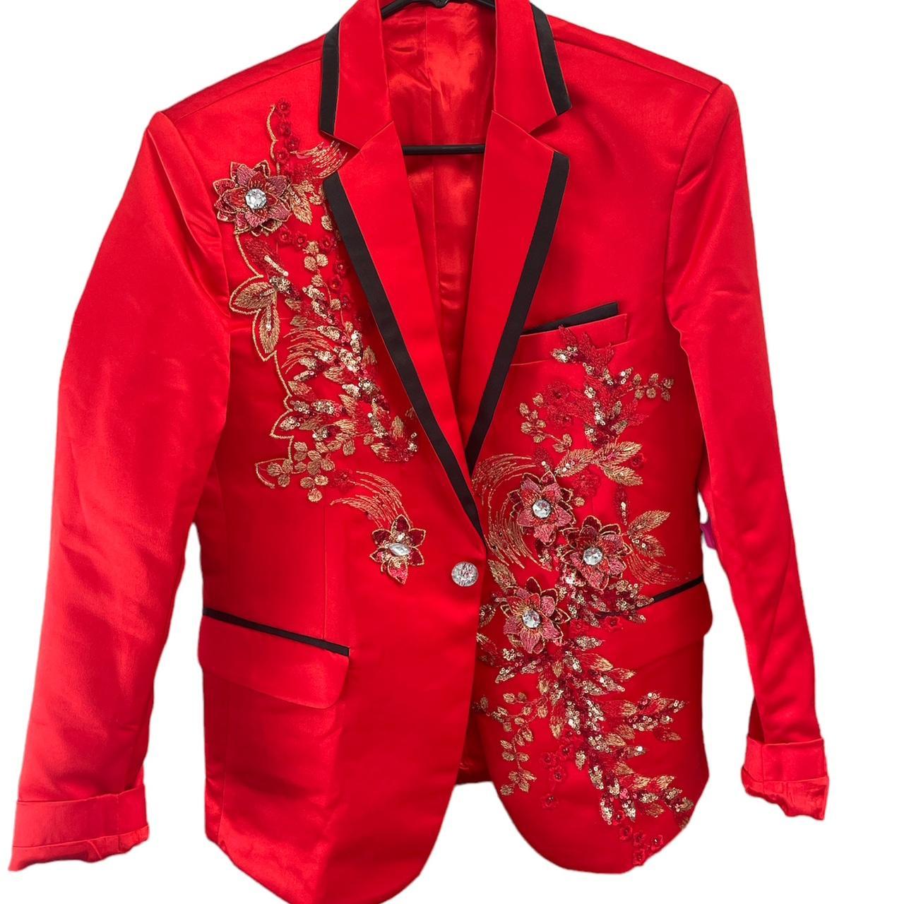 Retro Satin Oriental Tuxedo Style 3D Floral Blazer...