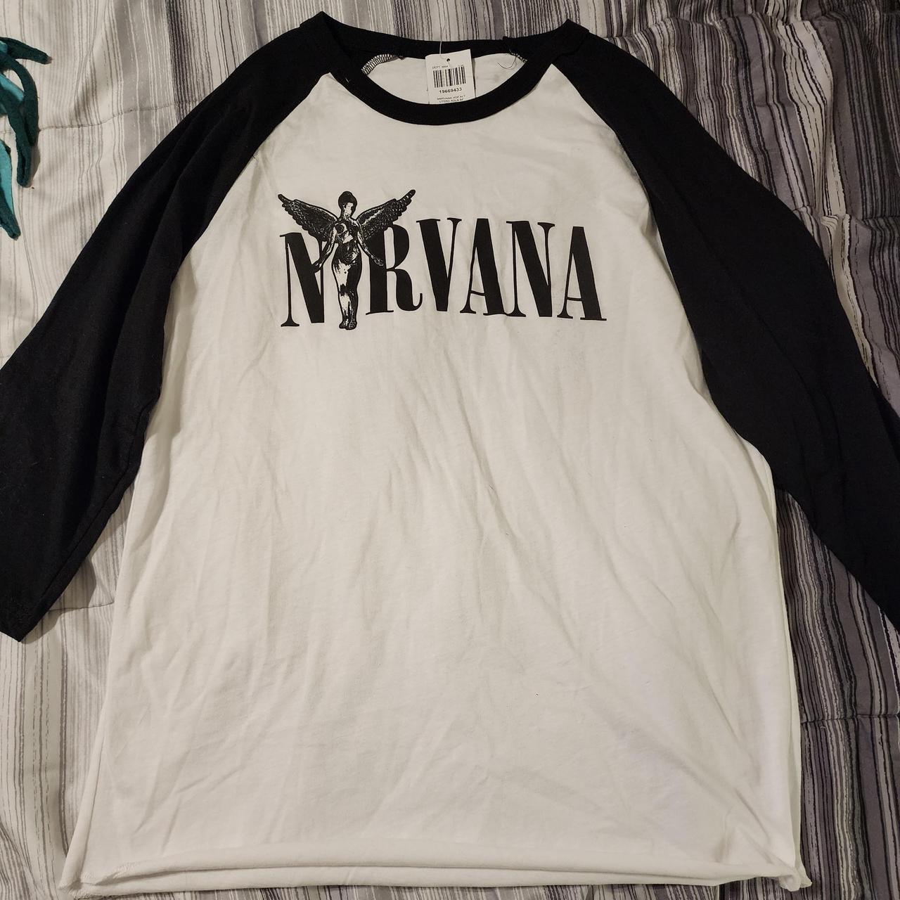 Women&rsquo;s Black and White Nirvana Baseball Shirt Band&hellip; - Depop