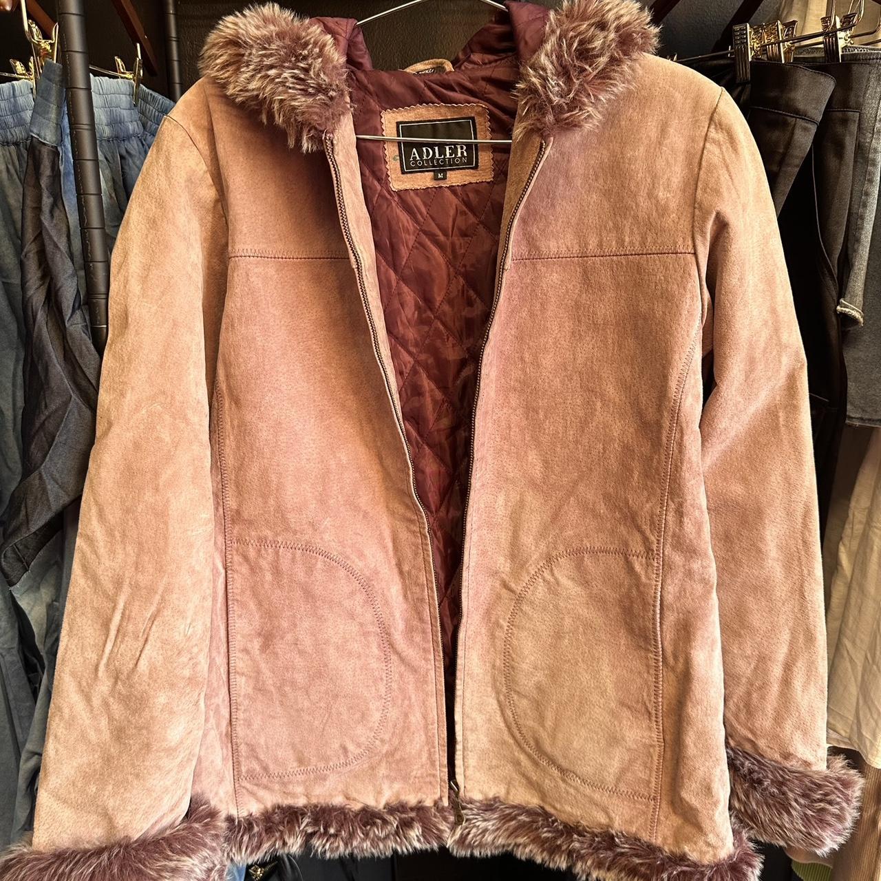 Beautiful salmon suede coat with furry outline on... Depop