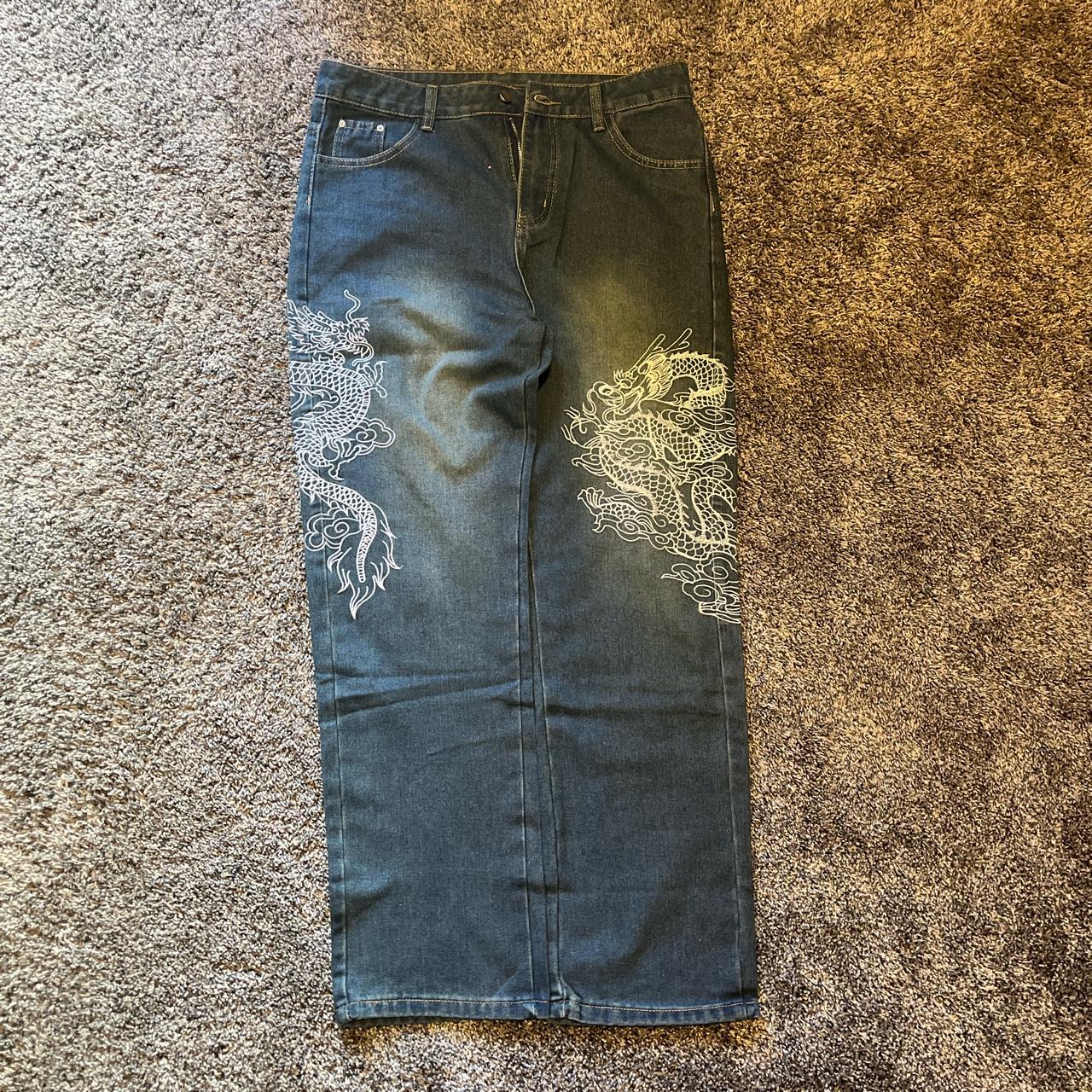 y2k baggy embroidered dragon jeans Super cool... - Depop