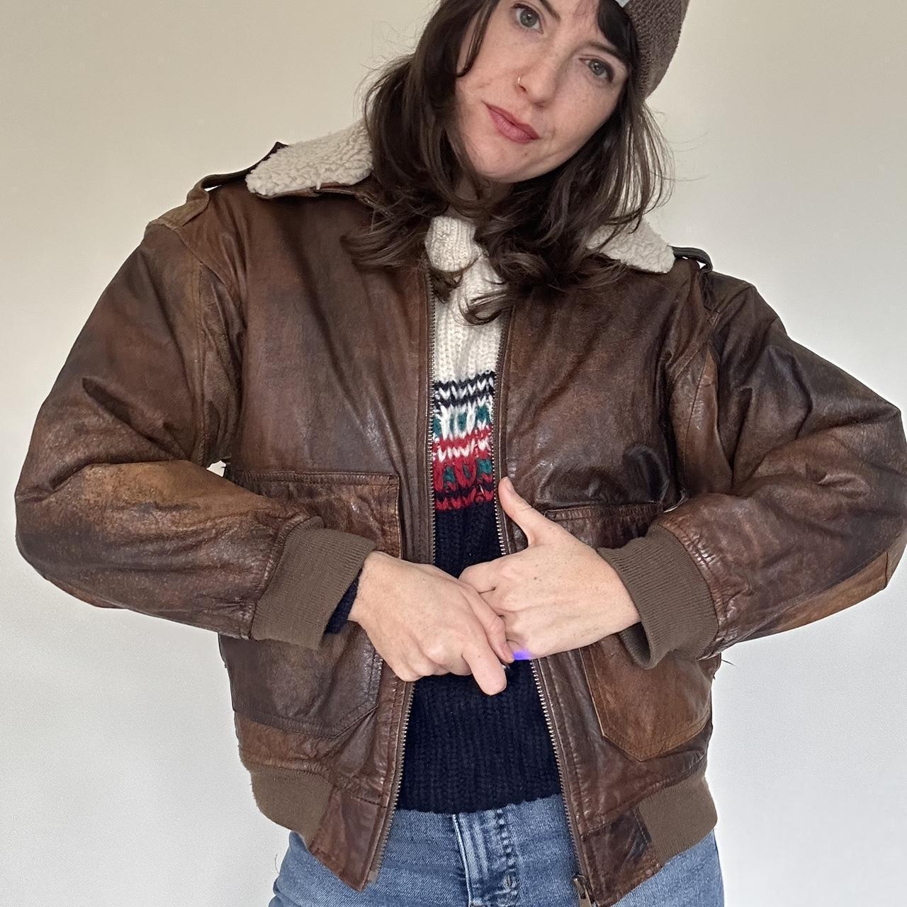 Vintage leather bomber jacket with shearling collar.... - Depop