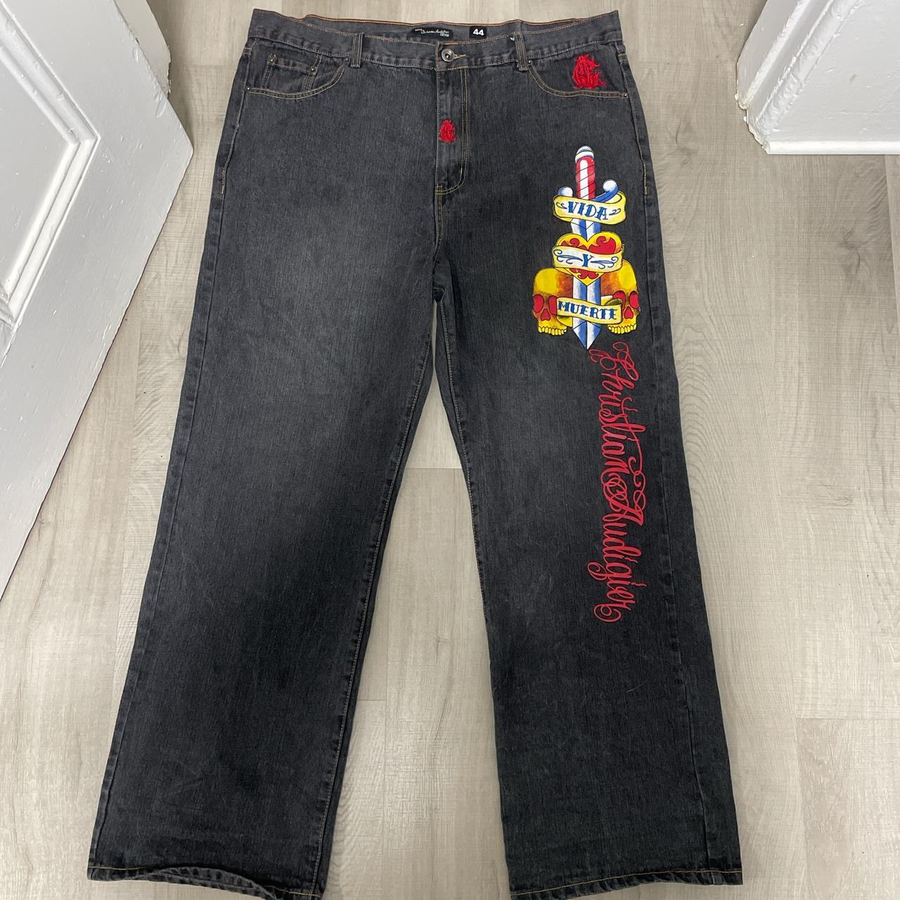 Ed Hardy Men's Black and Yellow Jeans Depop