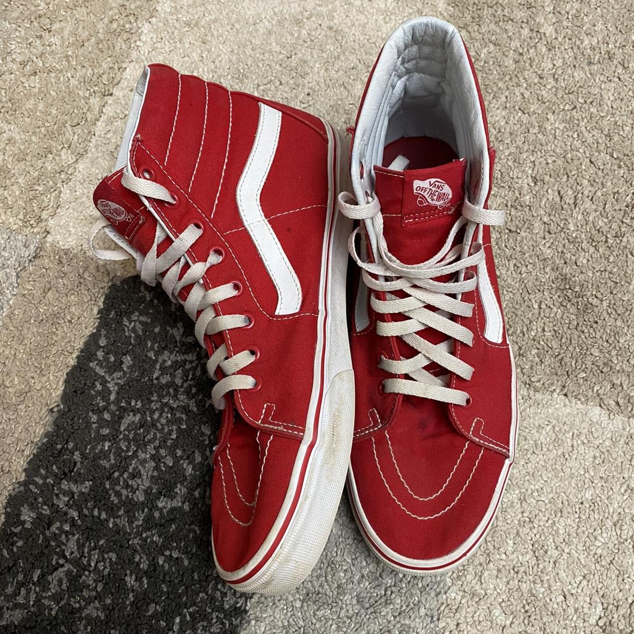 VANS Off The Wall red and white high top sneakers... - Depop