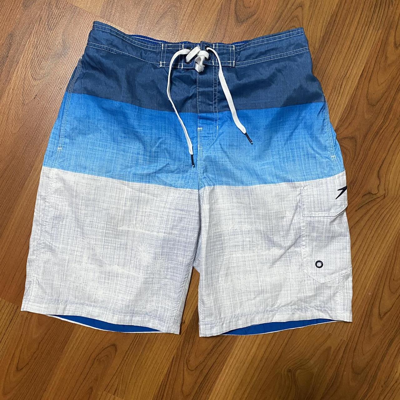 SPEEDO men’s blue and gray ombré color block swim... - Depop