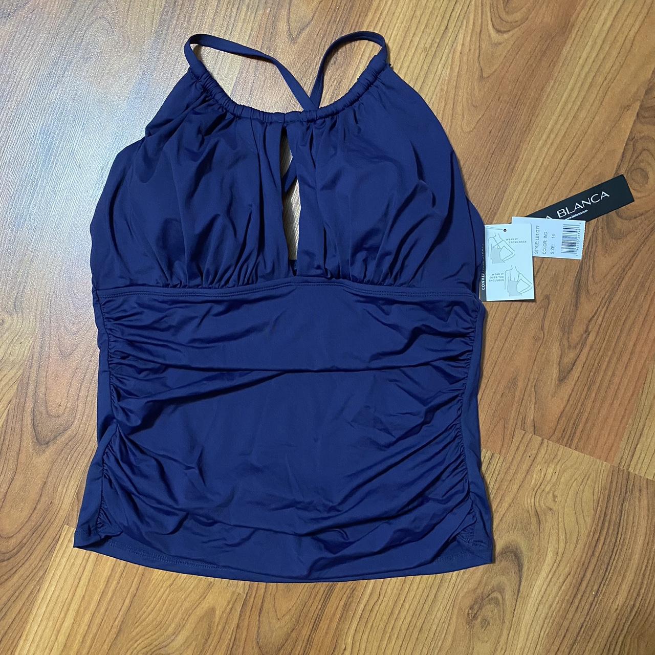 LA BLANCA New With Tags navy blue high neck ruched... - Depop