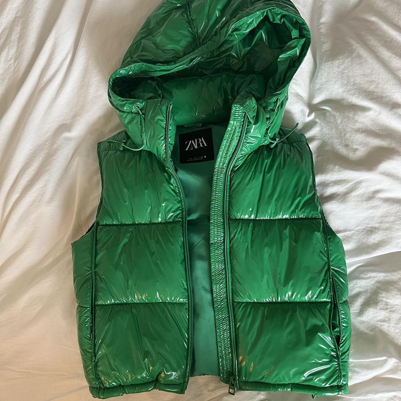 Green shiny Zara puffer vest size small worn... Depop