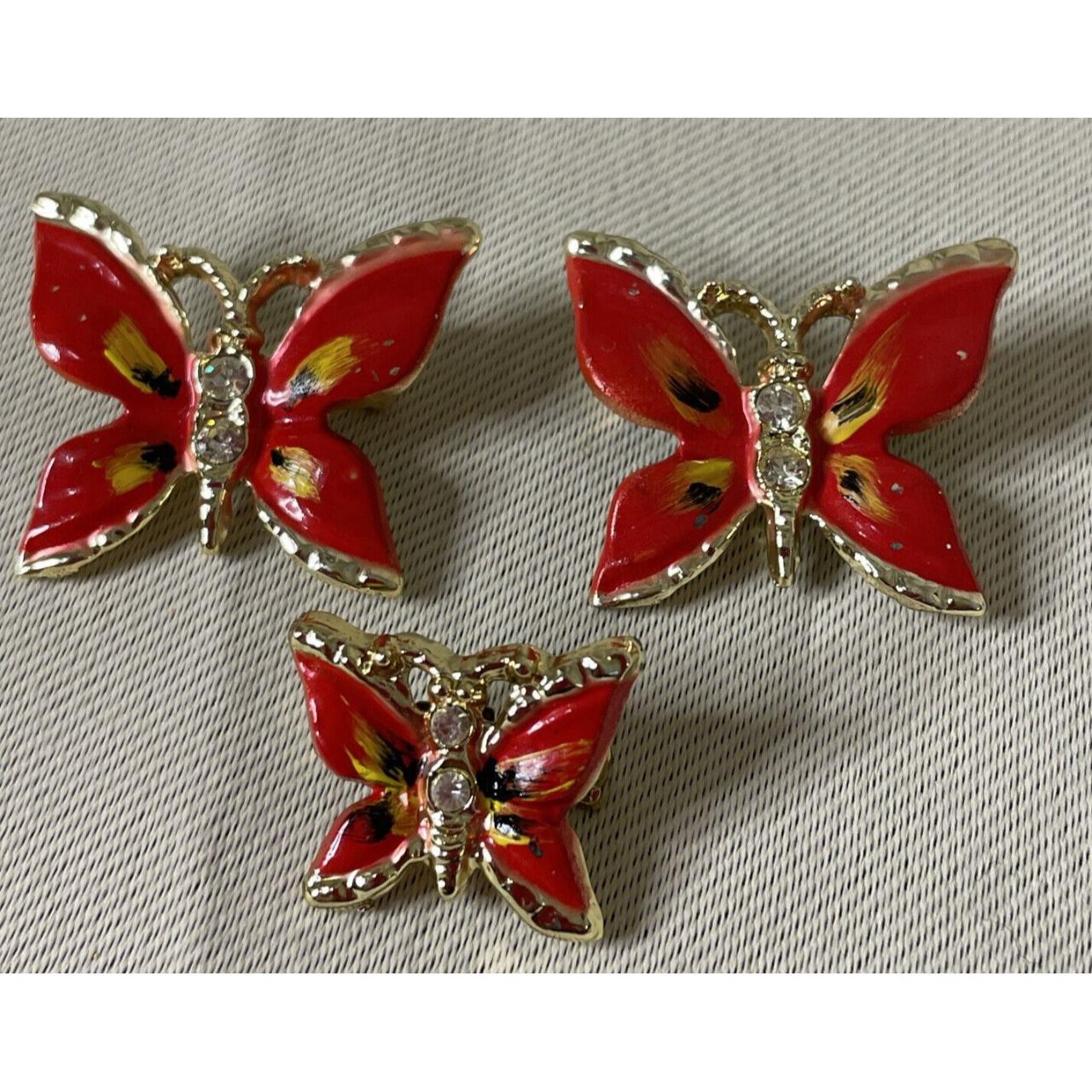 2 Vintage Butterfly Pins with Rhinestones Red - Depop