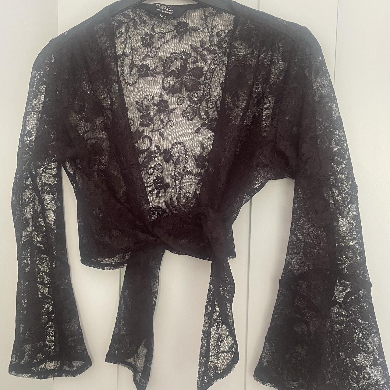 Black floral mesh flared long sleeve tie front wrap... - Depop