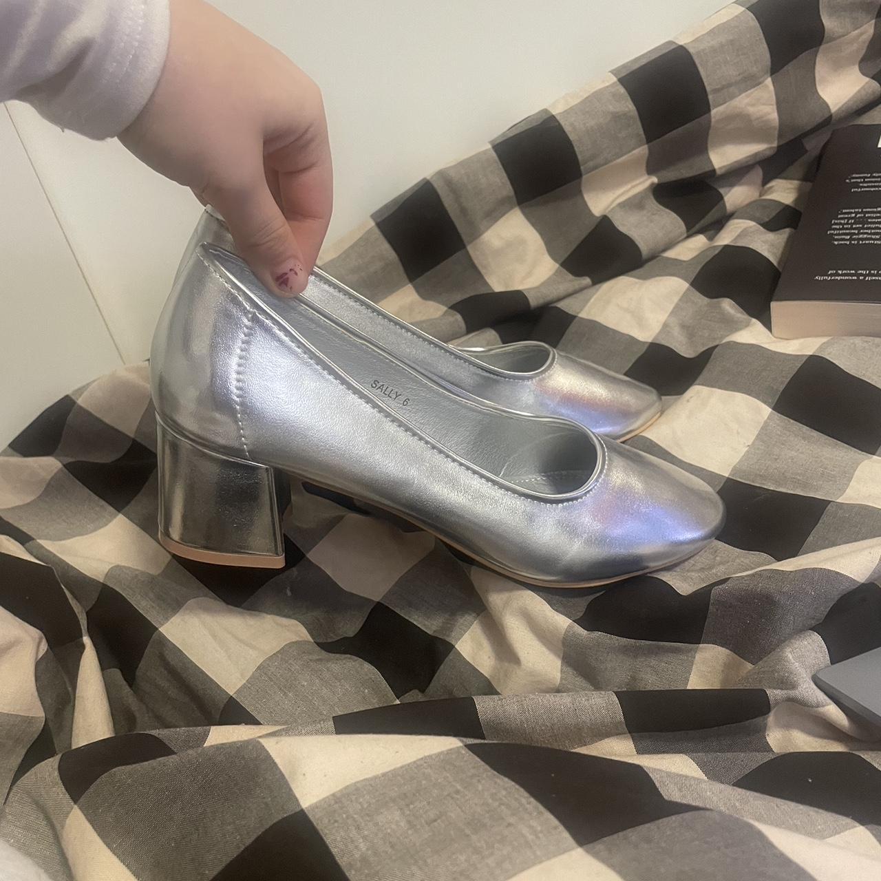 Silver ballet pumps rounded with chunky block... Depop