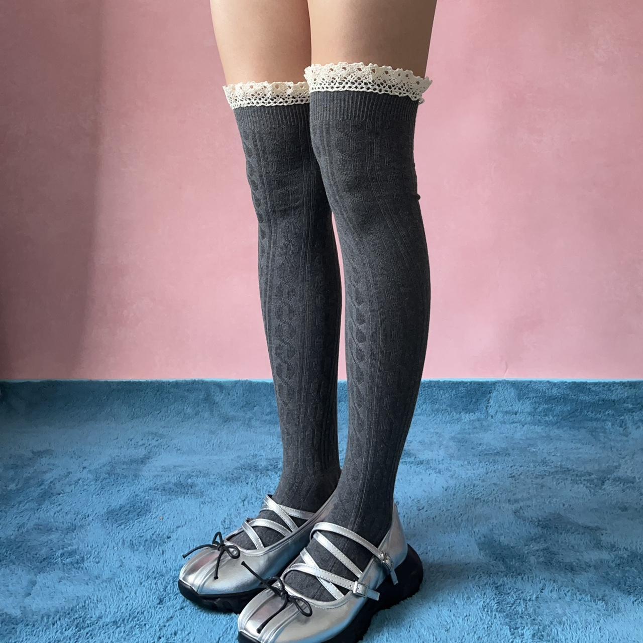 Grey Trimmed Over the Knee Socks One size, suits... - Depop