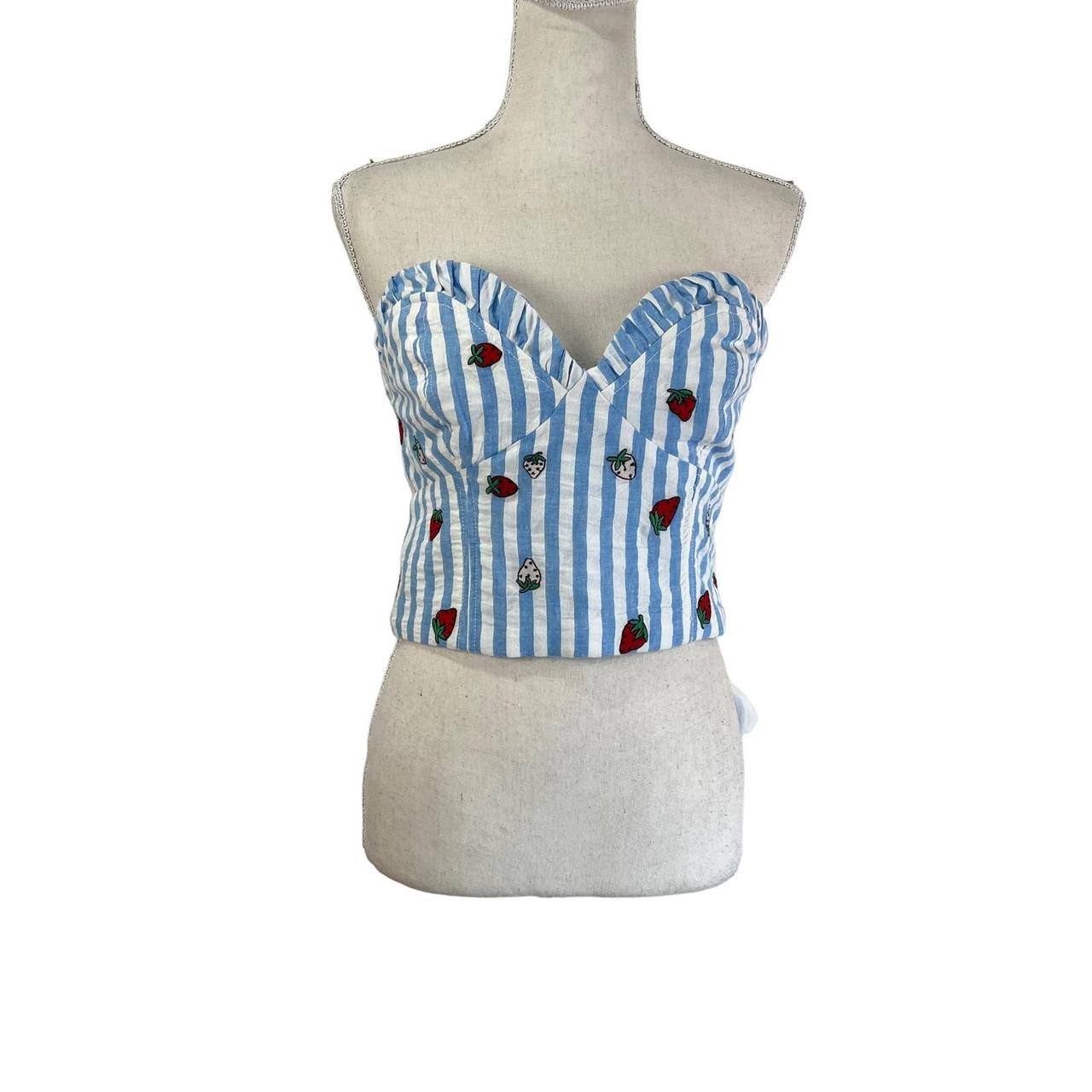 ANTHROPOLOGIE Maeve Striped Strawberry Embroidered online Cami Blue White Tube Top