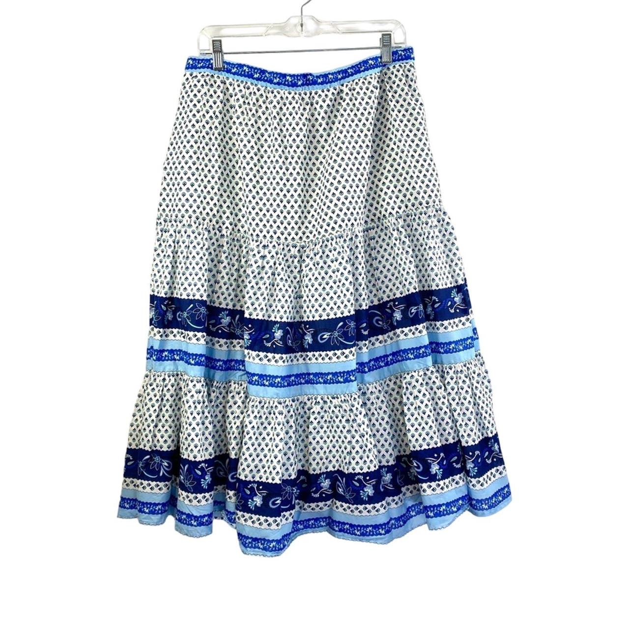 J. Crew Tiered Midi Skirt Blue Ribbon Block Print