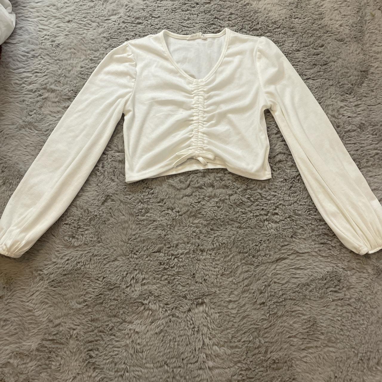 White Ruched Long Sleeve Crop Top Has a minor stain... - Depop