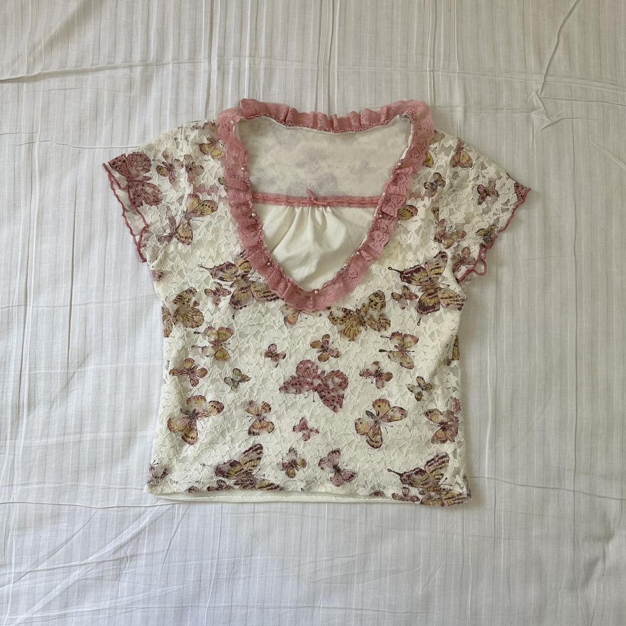 vintage cream butterfly blouse with ruffle collar in... - Depop