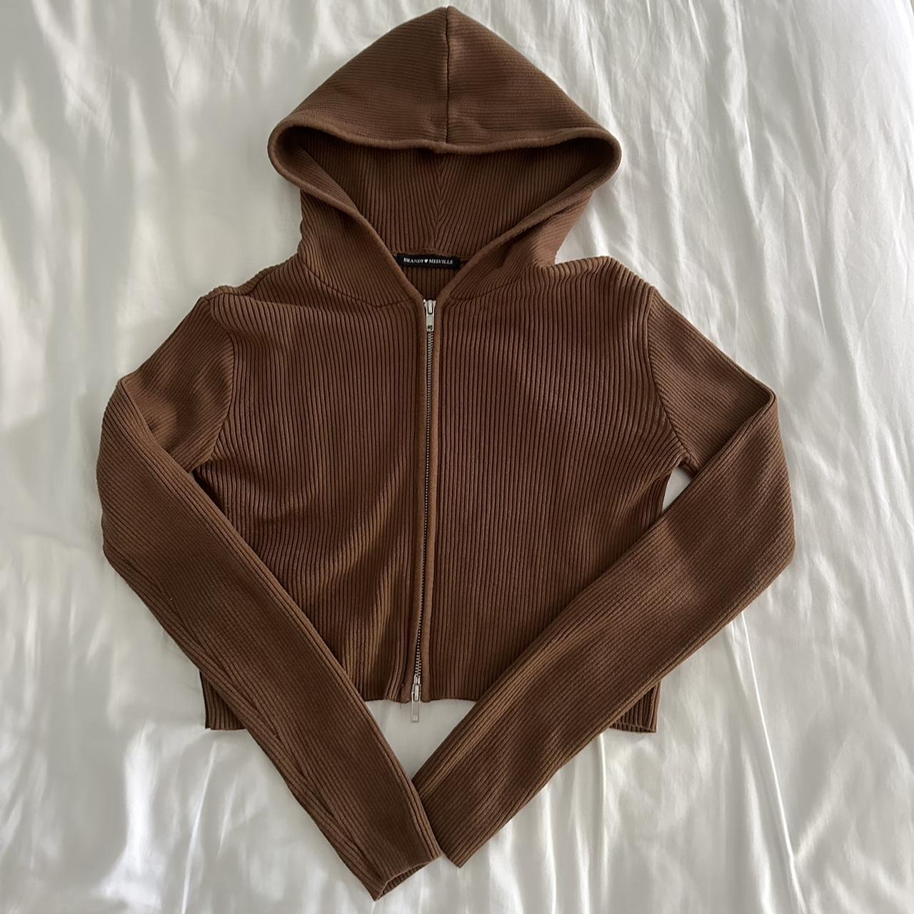 brandy melville brown ribbed cropped hoodie worn... Depop