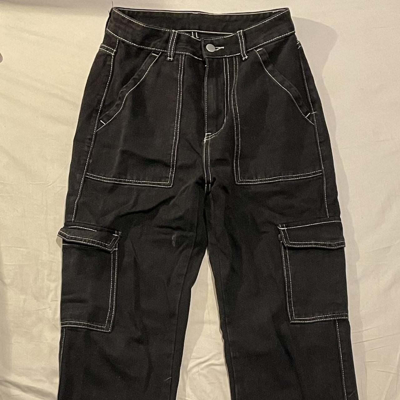 black cargo jeans w/ white stitching size 6 only... - Depop