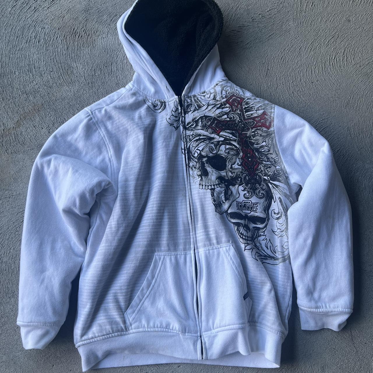 Affliction Men's White and Red Hoodie Depop