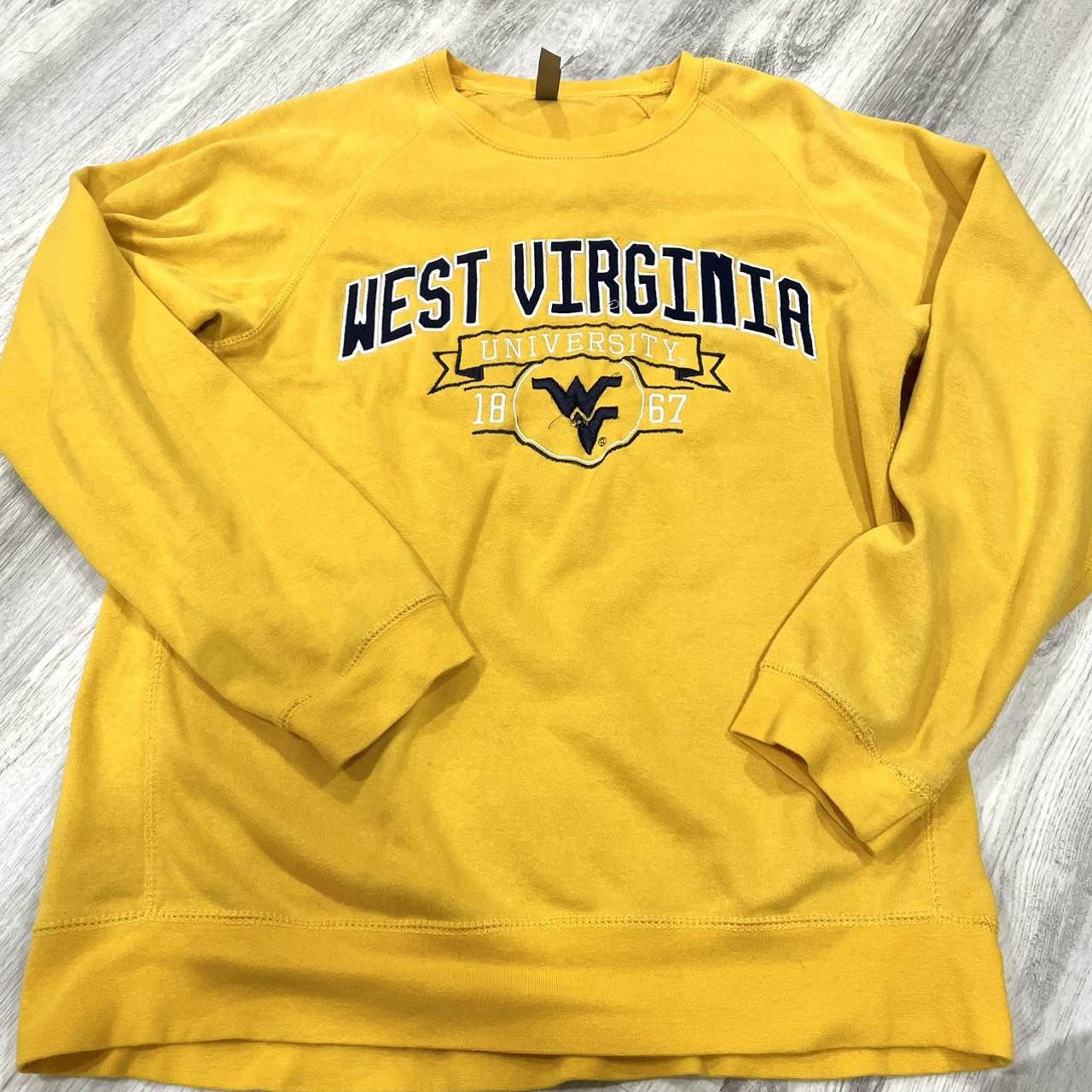 college print yellow sweater few messed up strings... - Depop