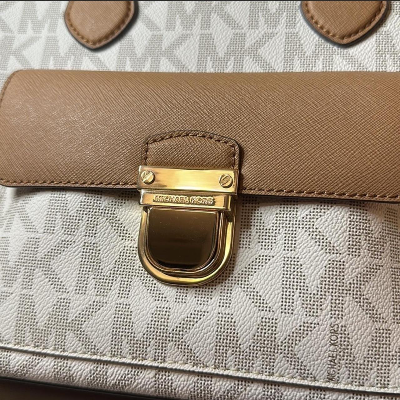 Michael Kors tan and white square bag with chain. Depop