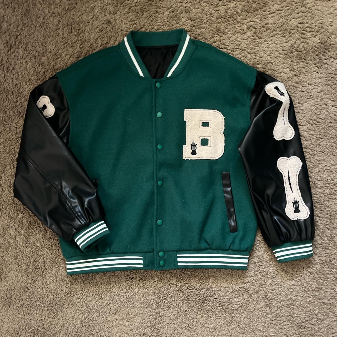 Letterman B Varsity Jacket Green And Black Fits... - Depop