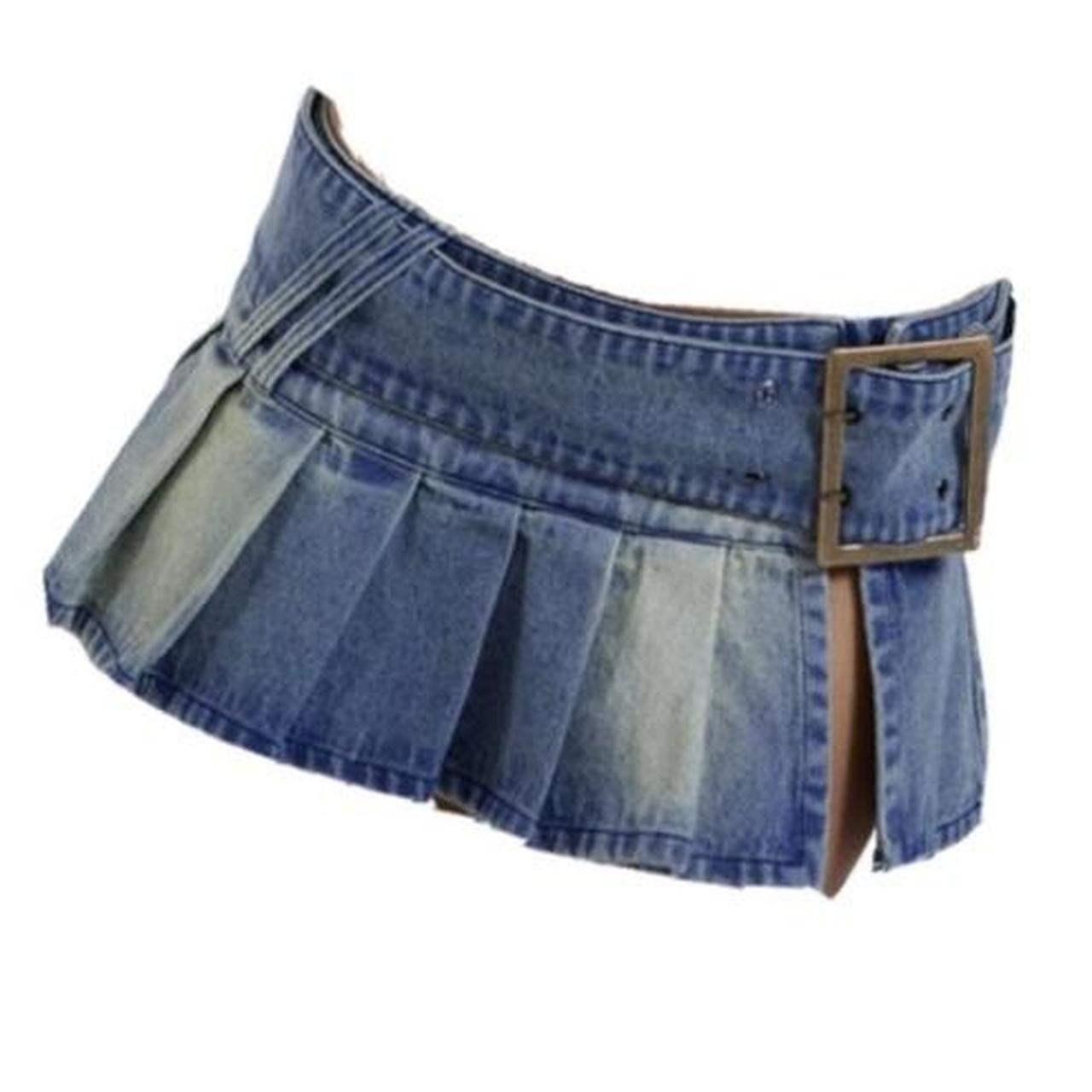 Blue denim belted mini skirt Size: M... - Depop