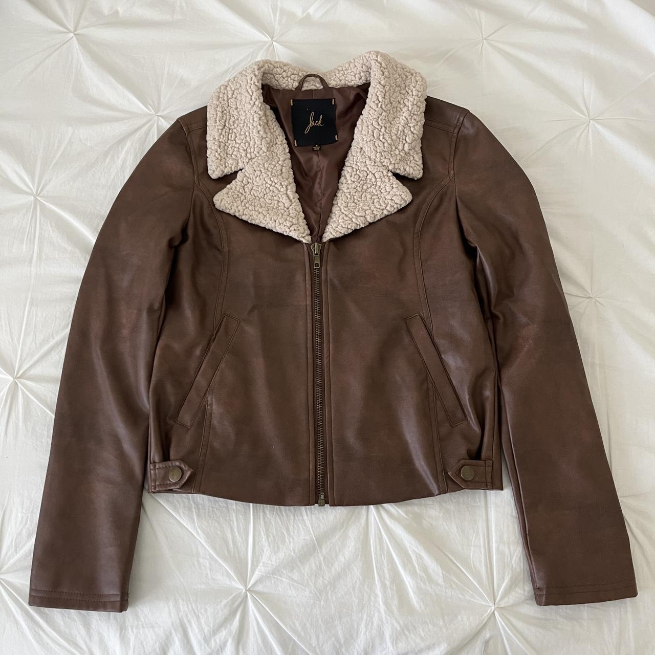 Brown faux leather jacket with fur collar size:... - Depop