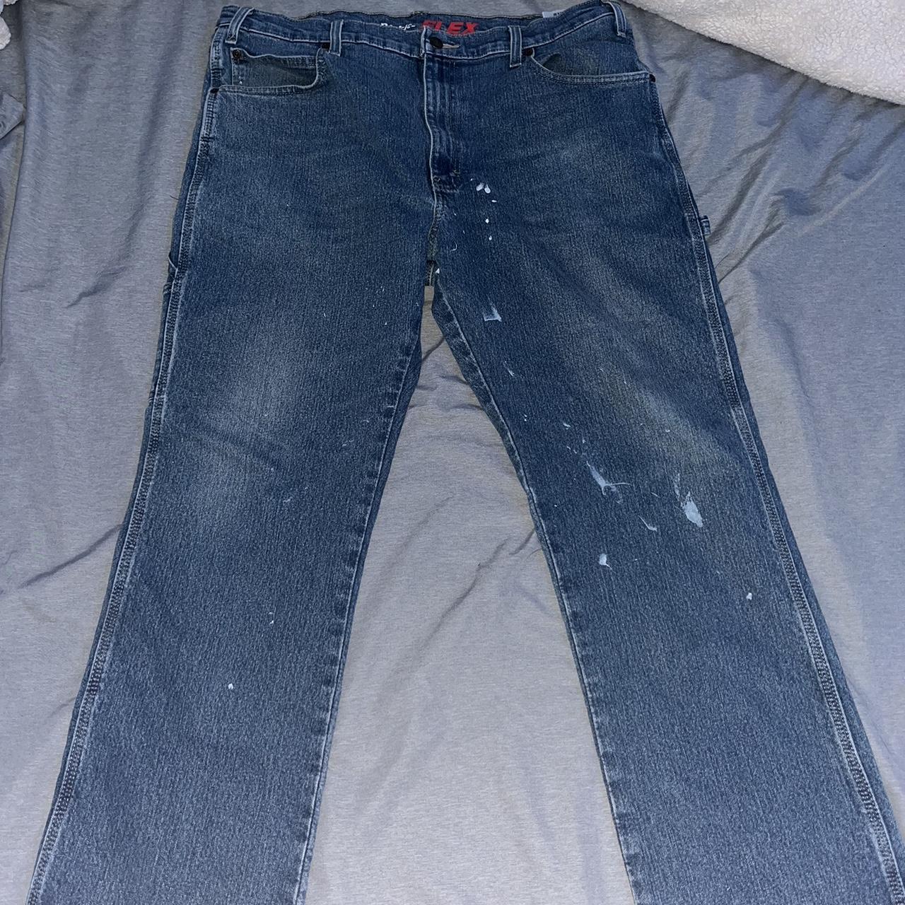 Dickies jeans blue with paint on front legs... - Depop