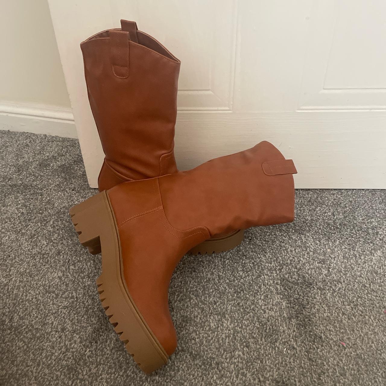 Ego chunky mid calf boots in brown Western cowboy... Depop
