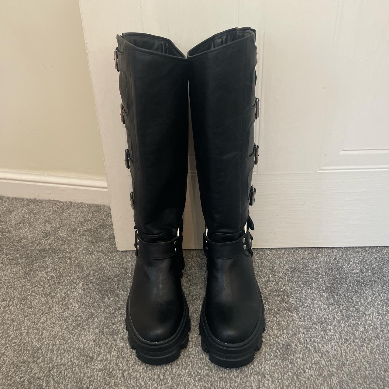 Ego knee high biker boots with side zip and buckles... Depop