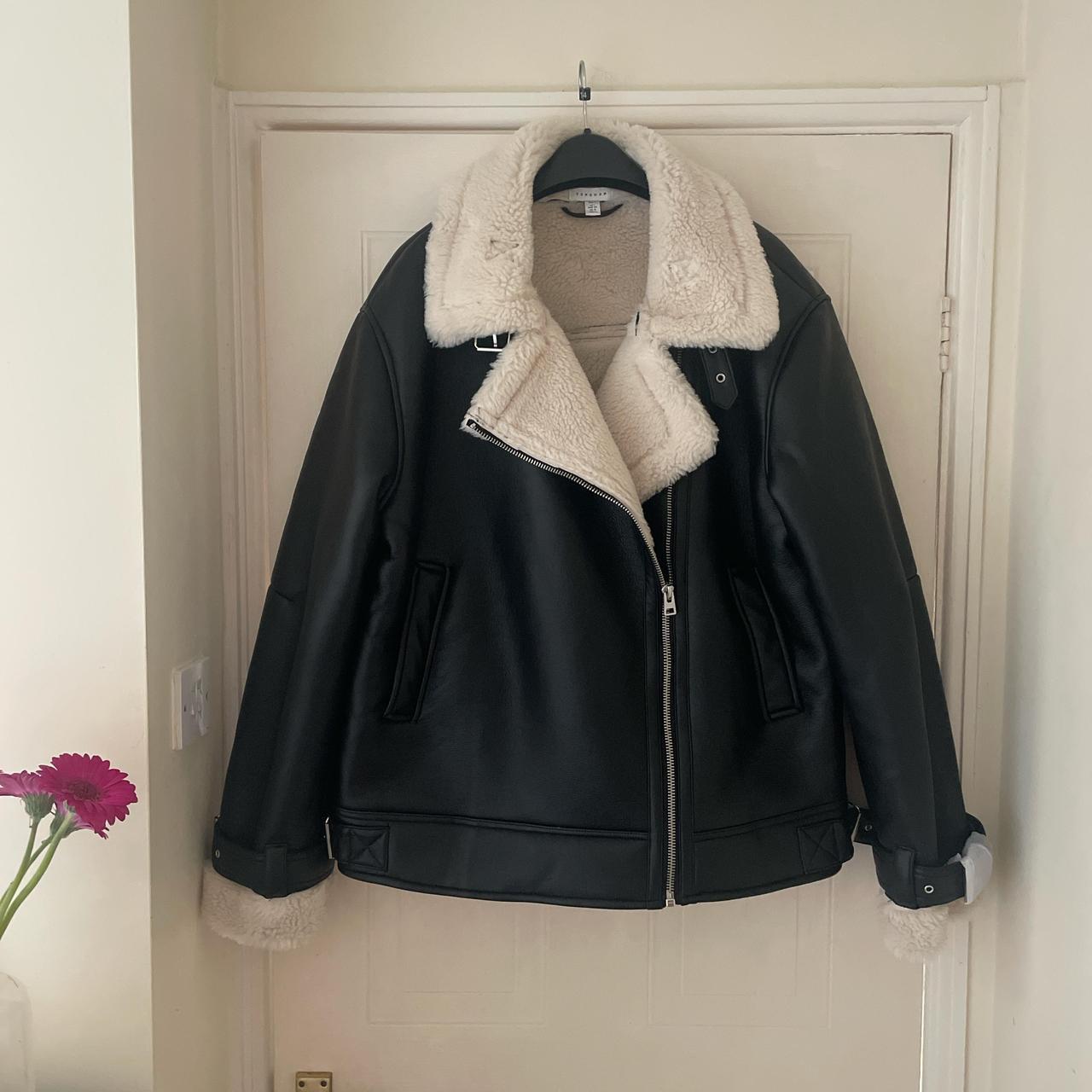 Topshop Black faux fur lined Aviator jacket Size