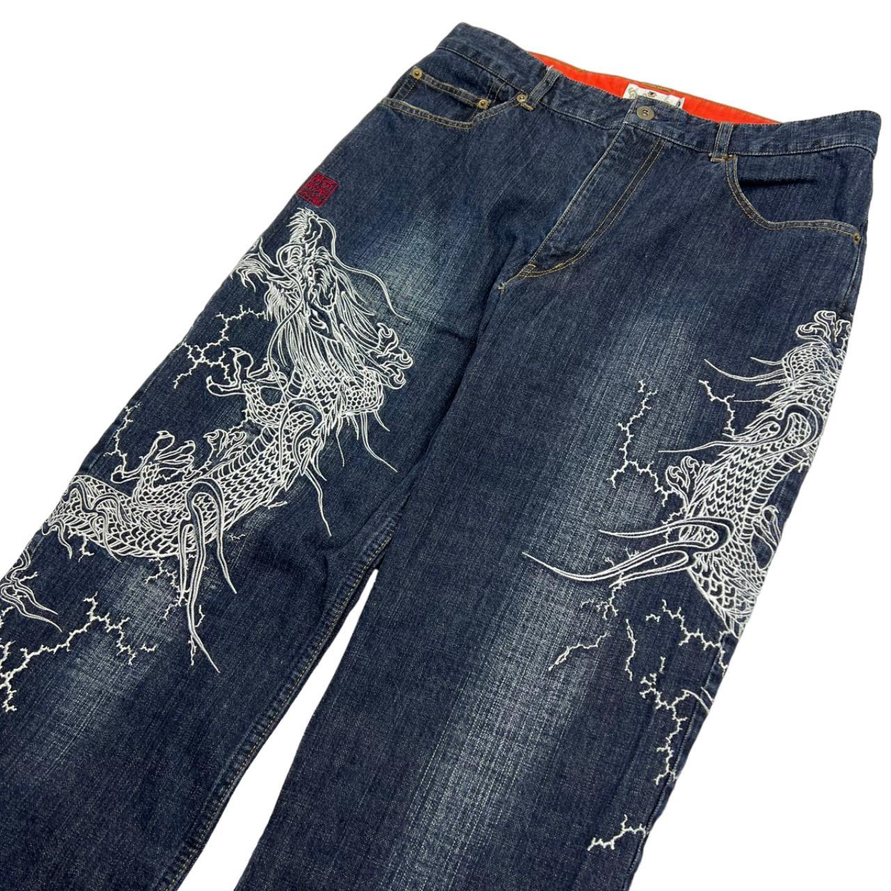 Karakuri Embroidered Dragon Japanese Denim Jeans -... - Depop