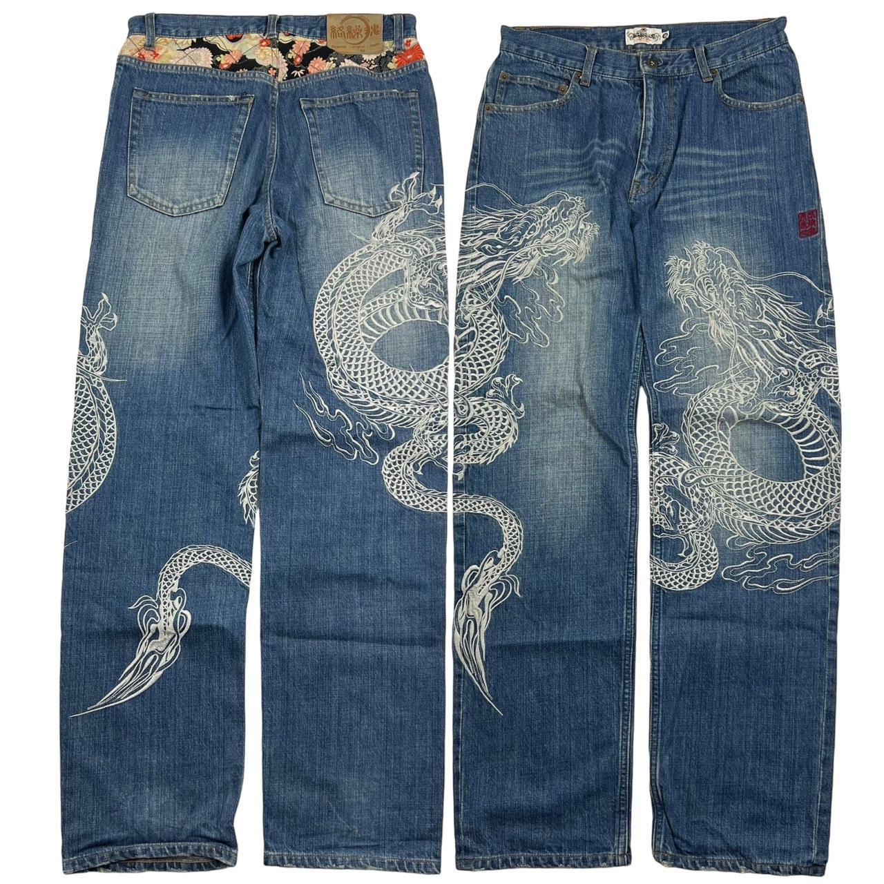 Vintage Karakuri Embroidered Dragon Japanese Denim... - Depop