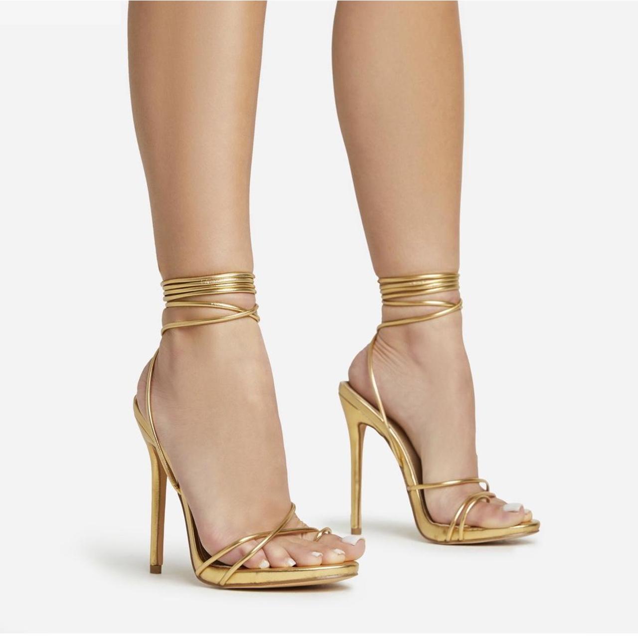 Depop Zara Gold Lace Up Sandals Gold Strappy Heel, Worn Once