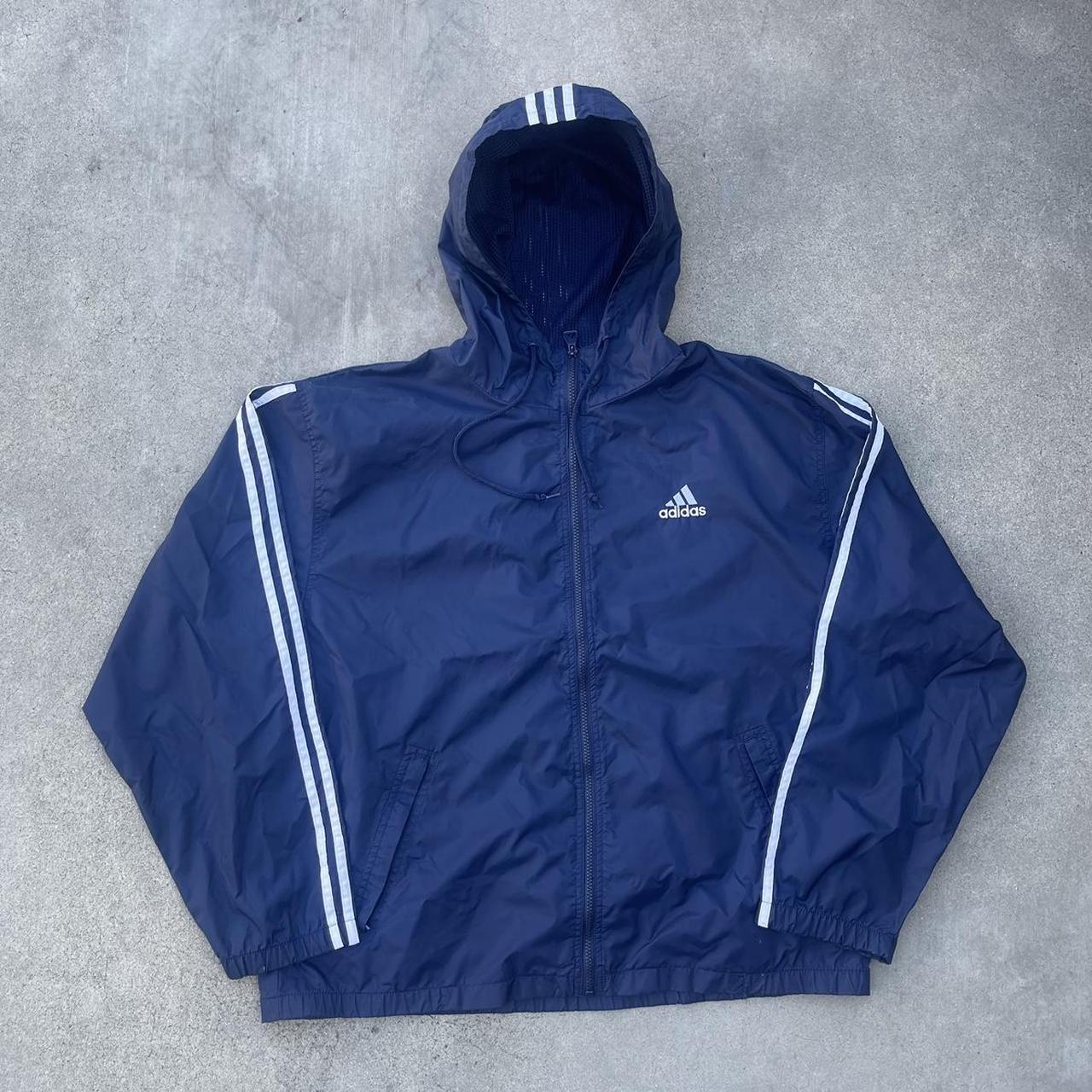 Navy Blue Adidas windbreaker jacket Size L 1990s. Depop