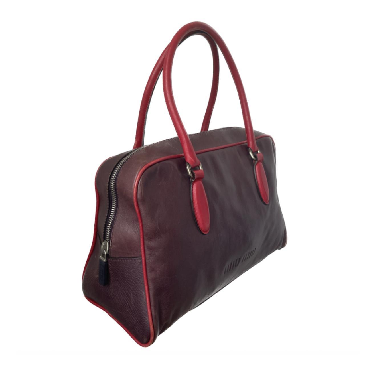 Vintage Miu Miu burgundy + red leather bowling bag... - Depop