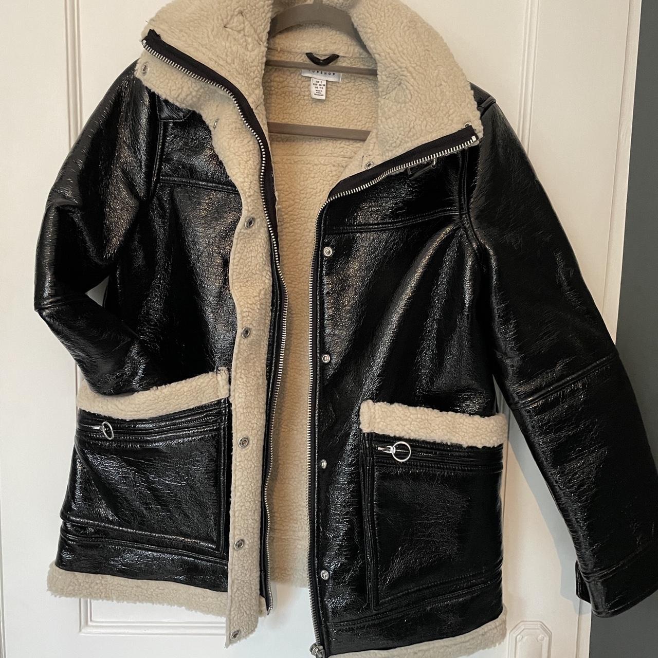 Topshop Gloss Black Flying Jacket with borg lining.... - Depop