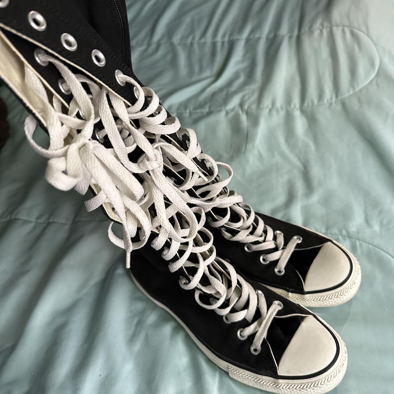 classic black and white knee high converse -size... - Depop