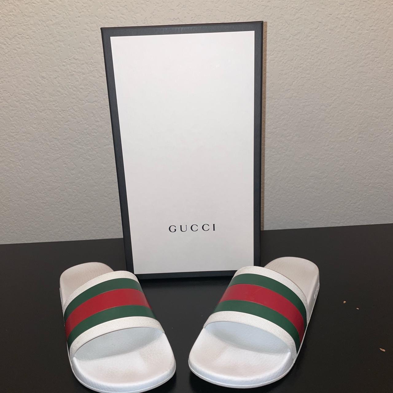 Gucci Men's White and Red Slides Depop