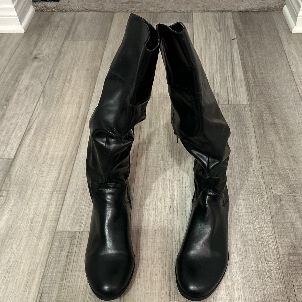 Black shiny material zip up boots size 9.5 in... - Depop