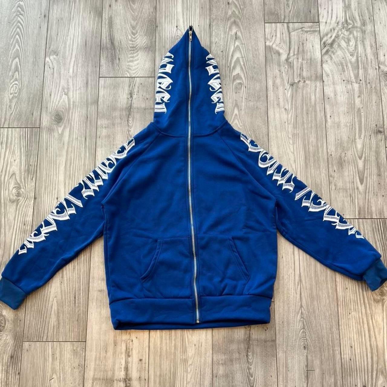 Blue full zip hoodie Old English type of writing on... - Depop