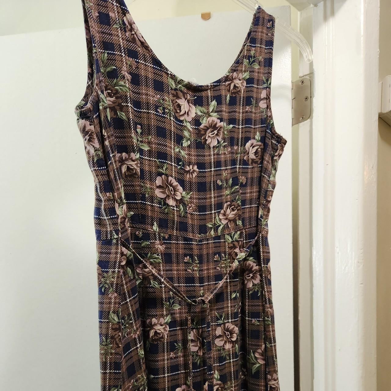 Plaid Grunge Floral Midi in Navy and Brown by... - Depop