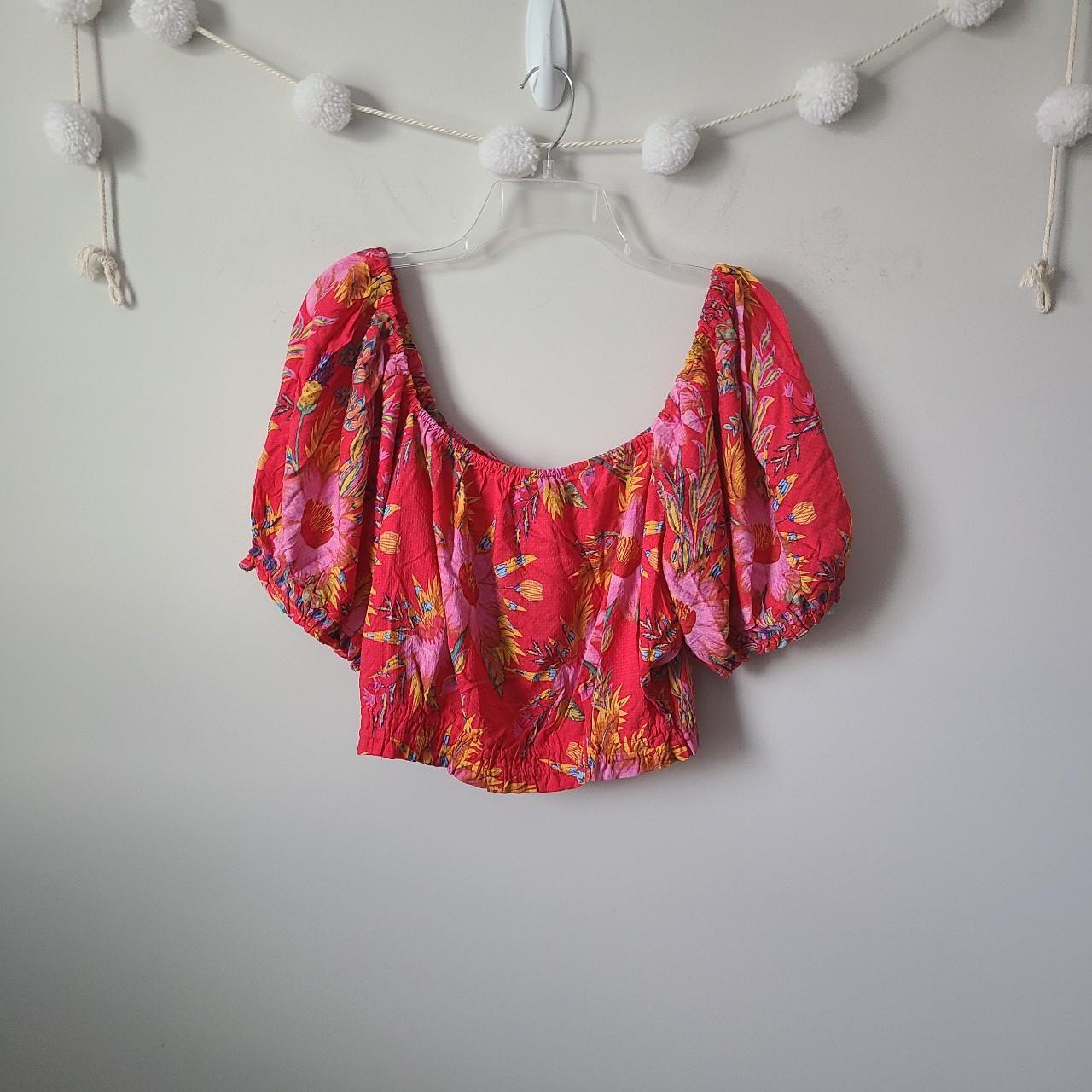 Red Floral Tropical Print Crop Top Puff Sleeves Depop 8837