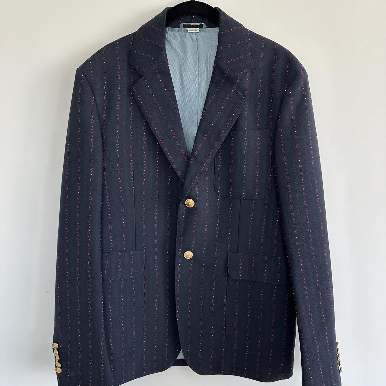 Navy Blue Gucci Suit Jacket with red “G” embroidery... Depop