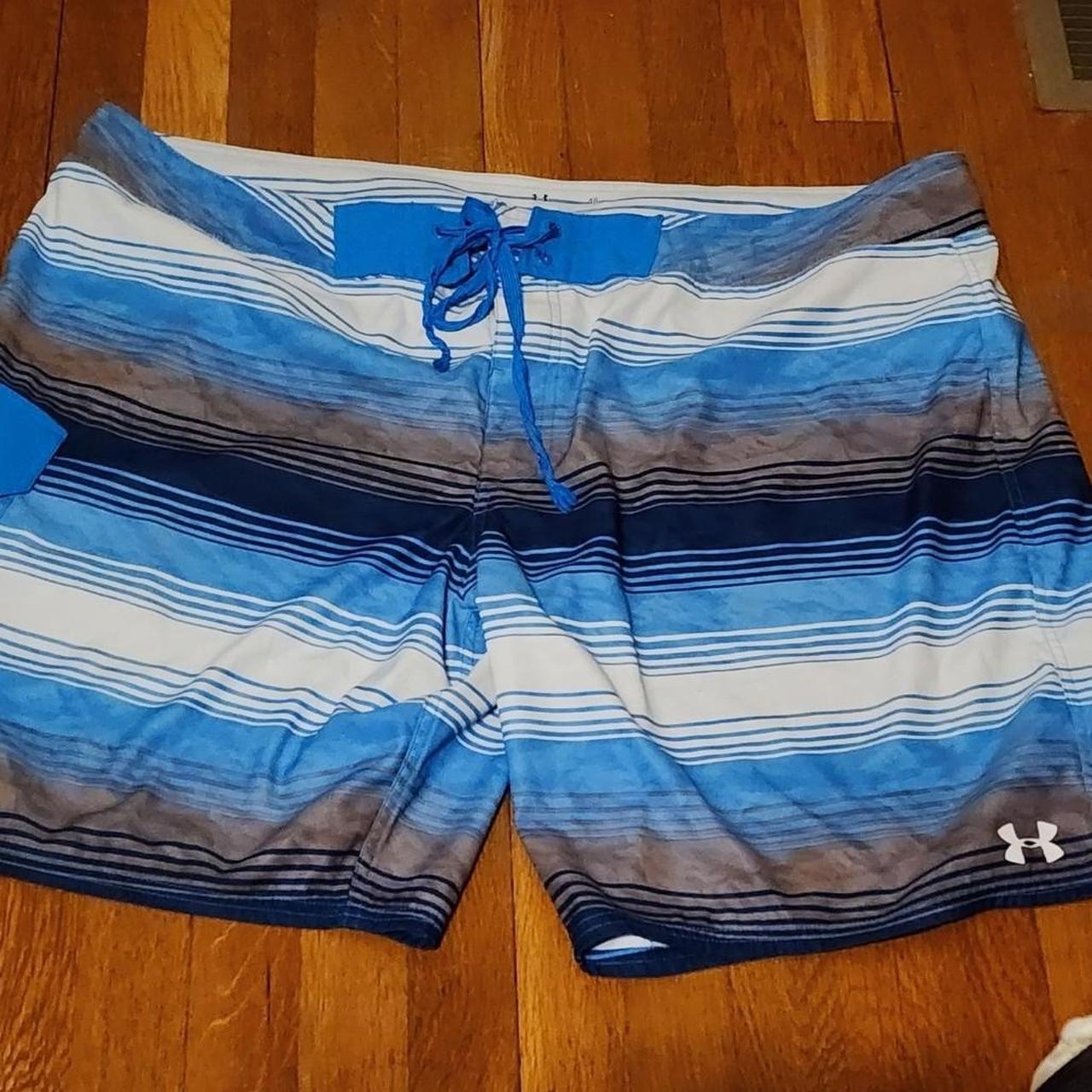 Under Armour Blue Striped Swim Trunks Size 48 Loose... - Depop