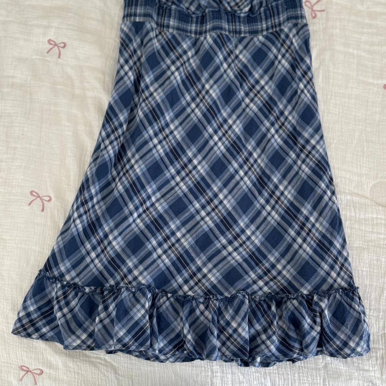 Blue and white plaid babydoll dress with ruffle hem... Depop