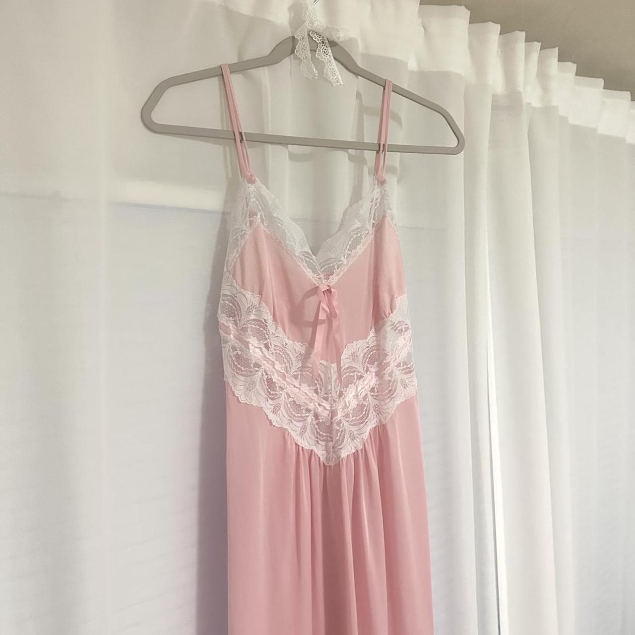 Pink and White Lace Maxi Dress there’s no size on... - Depop