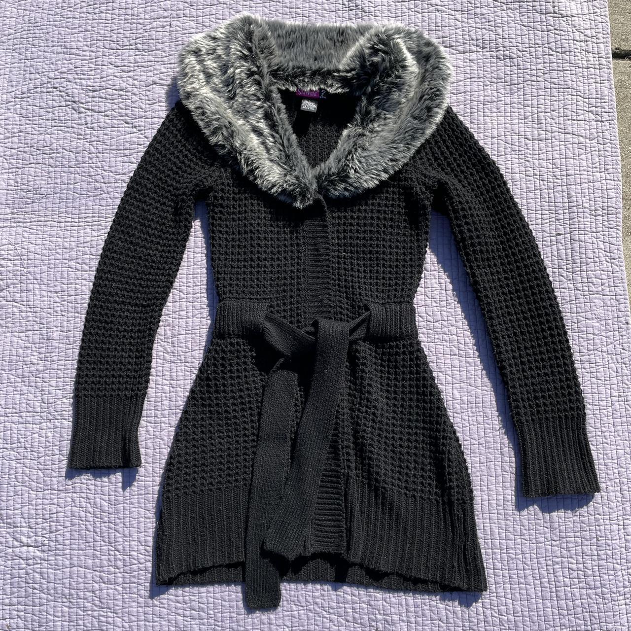 Vintage y2k black knit duster cardigan with grey. Depop