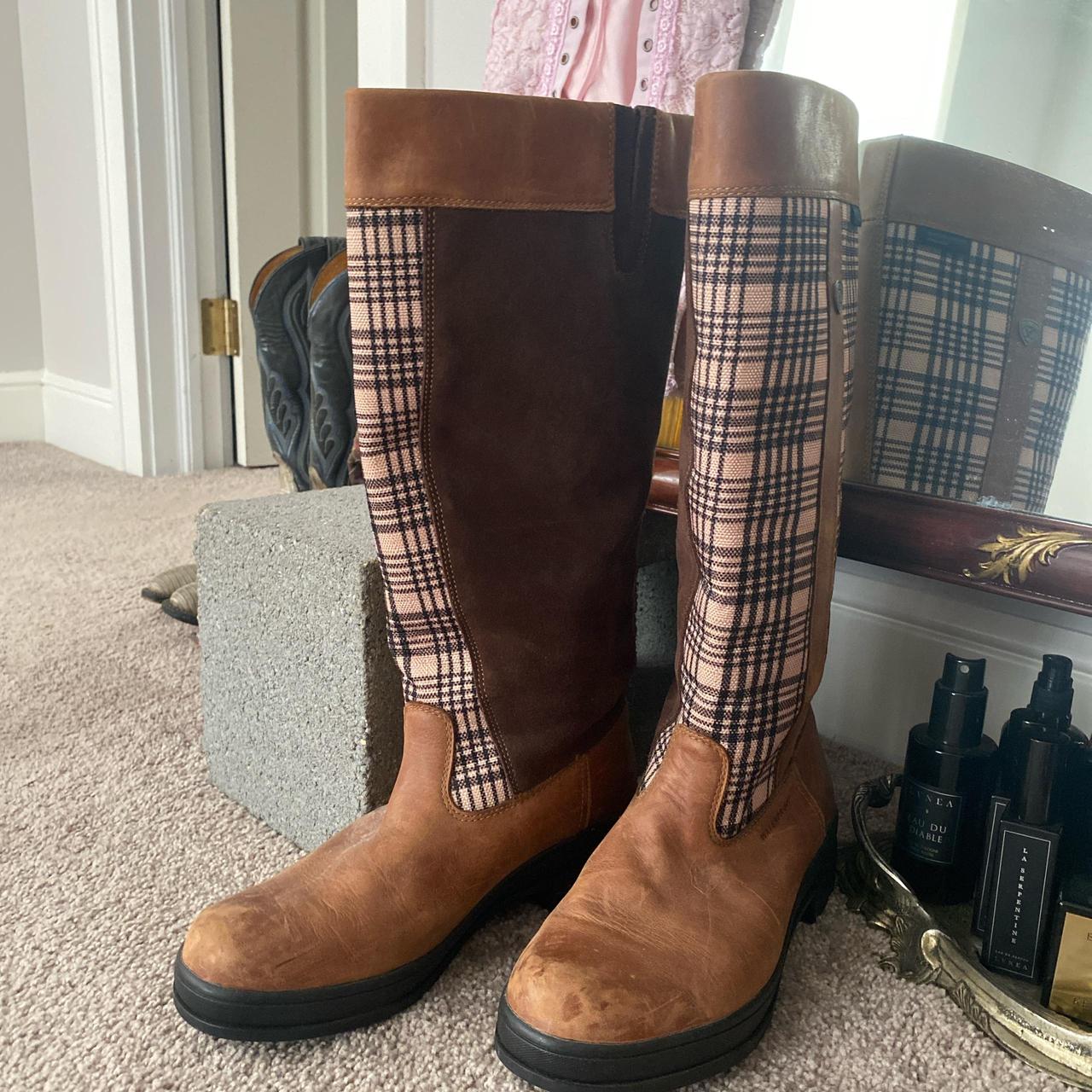 Tan and brown leather riding boots with plaid. Depop